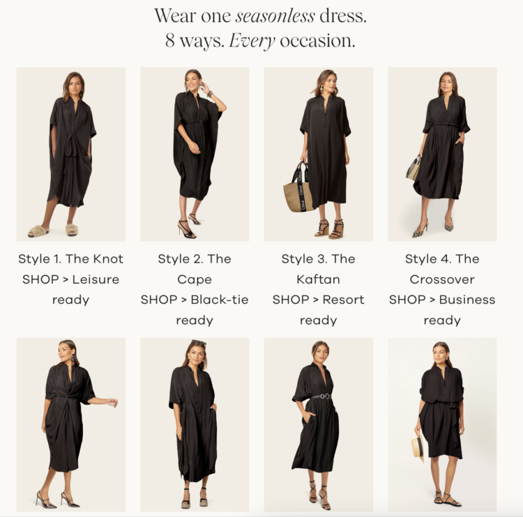 a screenshot from the ever by X site showing 8 ways to style the One Dress